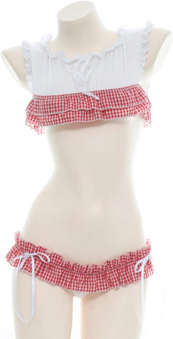 Women's Cute Sexy Japanese JK Anime Lingerie Set Sexy Ruffle Plaid Crop Top and Panty Red - Image 2