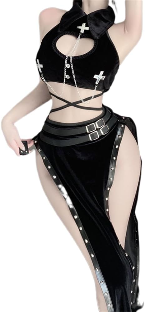 Women's sexy high slit cheongsam underwear lace mesh velvet Chinese dress
