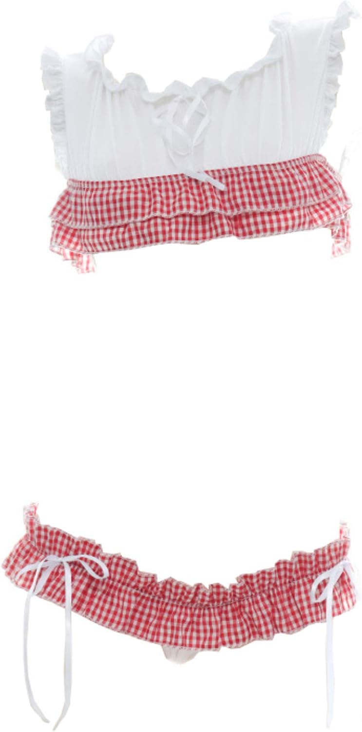Women's Cute Sexy Japanese JK Anime Lingerie Set Sexy Ruffle Plaid Crop Top and Panty Red