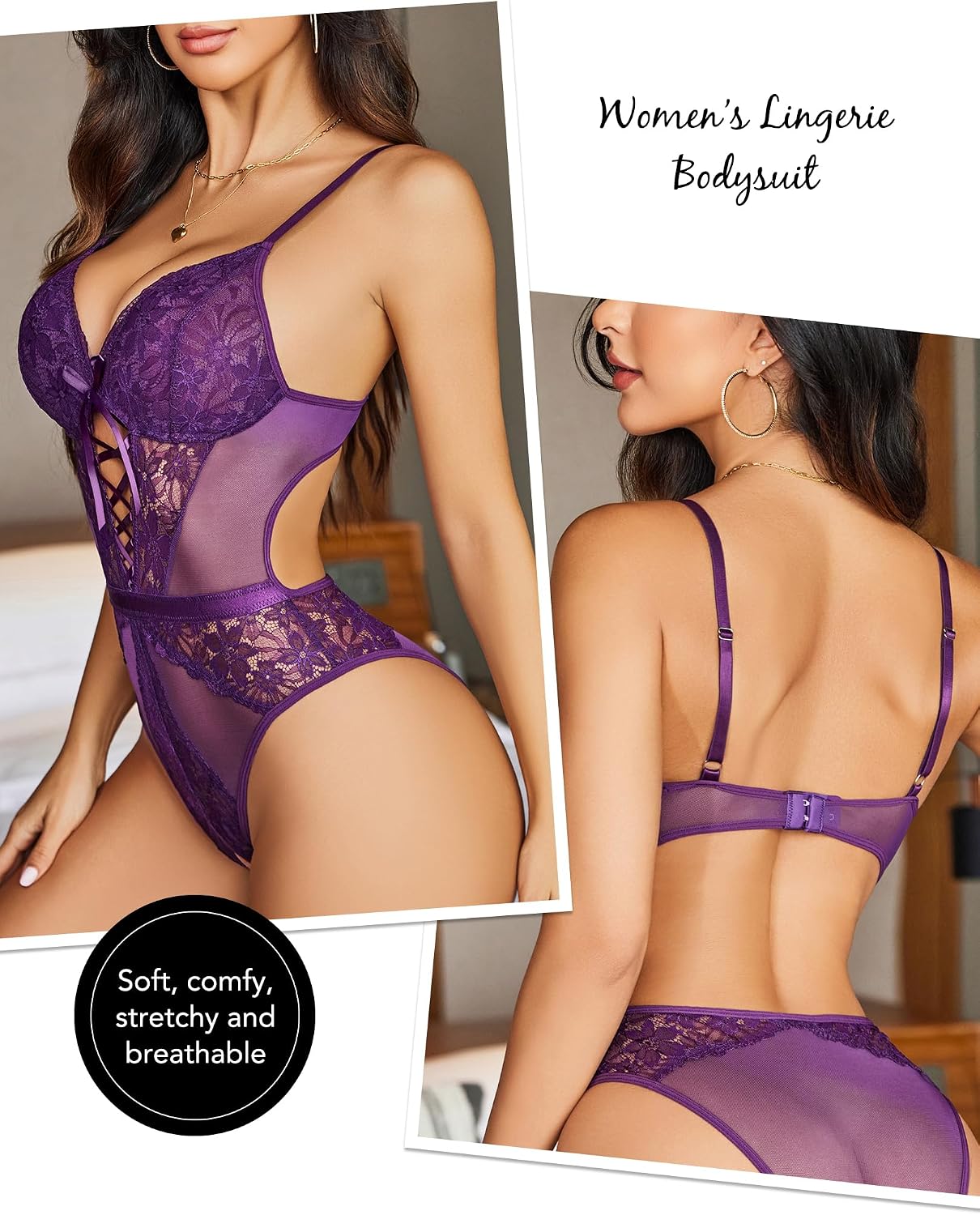 Sexy Lingerie for Women Lace Bodysuit One Piece Teddy Lingerie Mesh V Neck Sleepwear - Image 2